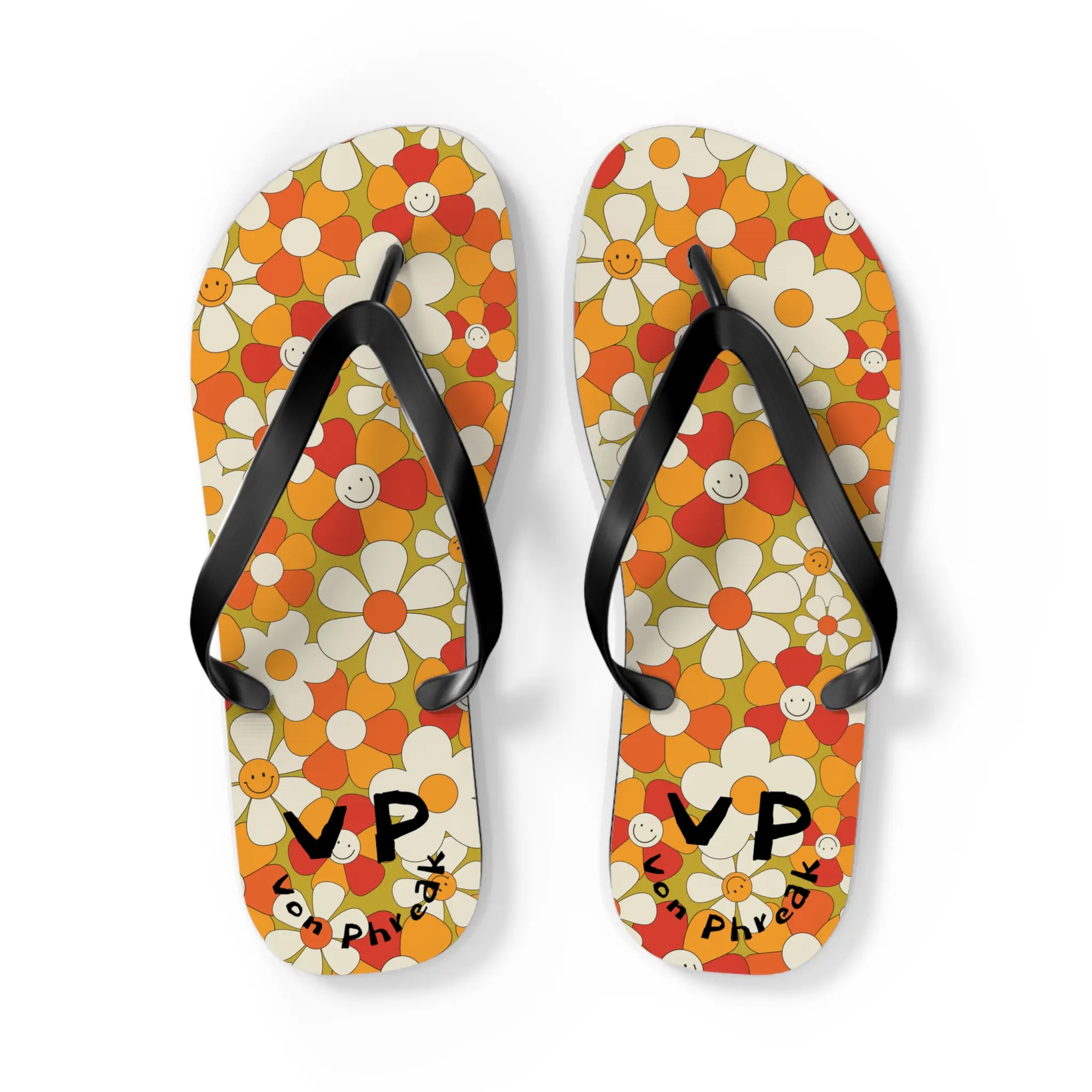 Flip Flops - Von Phreak 60's Daisy Flower with Smileys - Summer Beach Footwear (MTO) Women Walking Shoes Comfort Sandal Girl Flipflop