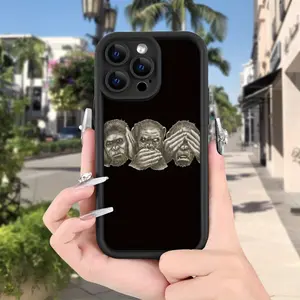 Creative - Summer Fresh Retro Carving Style - Three Monkeys - Shockproof And Anti-Fall, Smooth Lines, Lens Protection, Comfortable Feel, UV Printing Suitable for iPhone 17 E Air Pro ProMax iPhone16 15 14 Plus 13 12 Mini 11 X XS XR - Black TPU Soft Case