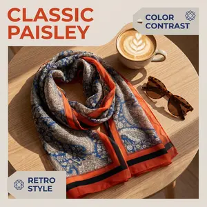 Classic Paisley Print Lightweight Silk Scarf, Breathable Designer Neck Shawl AN1005-NAVY