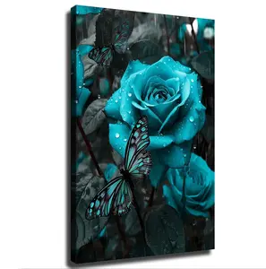 Teal Rose Wall Art Turquoise Blue Flower Prints Contemporary Black and White Pictures for Bathroom Wall Decor