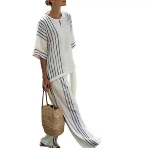 Boho Striped Linen Two Piece Set - Perfect for Beach, Vacation & Brunch! Casual Loose Fit Half Sleeve Top Wide Leg Pants Set # TwoPieceSet # WideLegPants # Striped # SummerOutfit # BohoFashion # CasualWear # Outfit of the Day # WomensFashion
