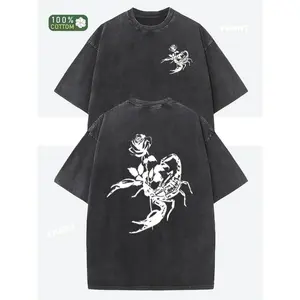 Men'S Heavyweight 230Gsm Vintage Washed T-Shirt |   Double-Sided Black And White Scorpion Floral Graphic Tee, Retro Streetwear Essential For Concerts, Festivals, Everyday Casual Outfits - Machine Washable All-Season Shirt, Festival Clothing