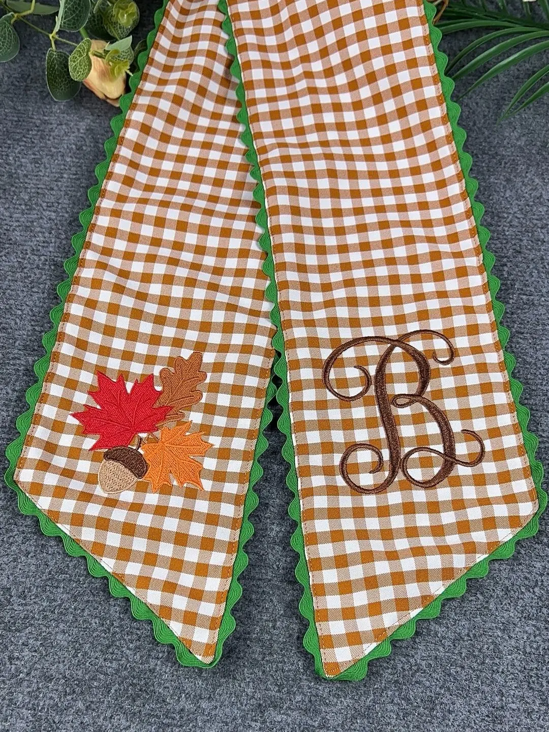 Personalized Monogram Fall Wreath Sash, Embroidered Autumn Leaf Door Decor, Gingham Ric Rac Bow, Harvest Porch Decor
