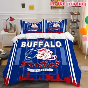 2D Flat 3Pcs Buffalo Football Themed Duvet Cover, Sports Style Bedding with American Helmet & City Skyline Print, Soft Microfiber Comforter for Teen Boys Bedroom Decor (1 Cover+2 Pillowcases, Unfilled)