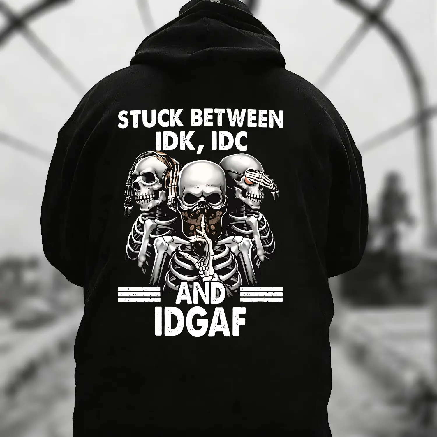Men's Hoodie | "Stuck Between IDK, IDC & IDGAF" Skeleton Meme Graphic, Edgy Relatable Vibe, Perfect for Autumn & Winter, Ideal for Streetwear Outings & Attitude-Driven Scenarios