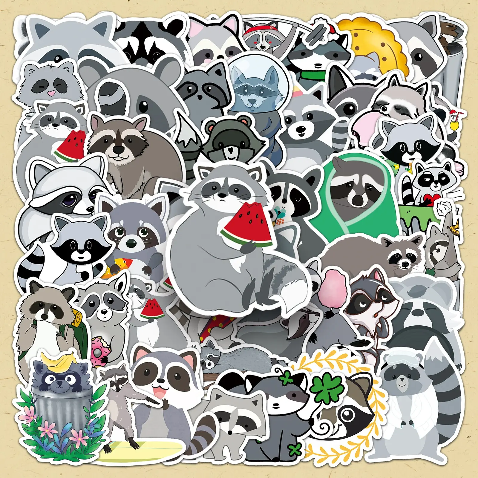 Cartoon Raccoon Pattern Sticker, 100pcs/set Cute Self Adhesive Stickers, DIY Decorative Sticker for Phone Case, Computer, Guitar, Bag, Water Cup, Scrapbook Accessories