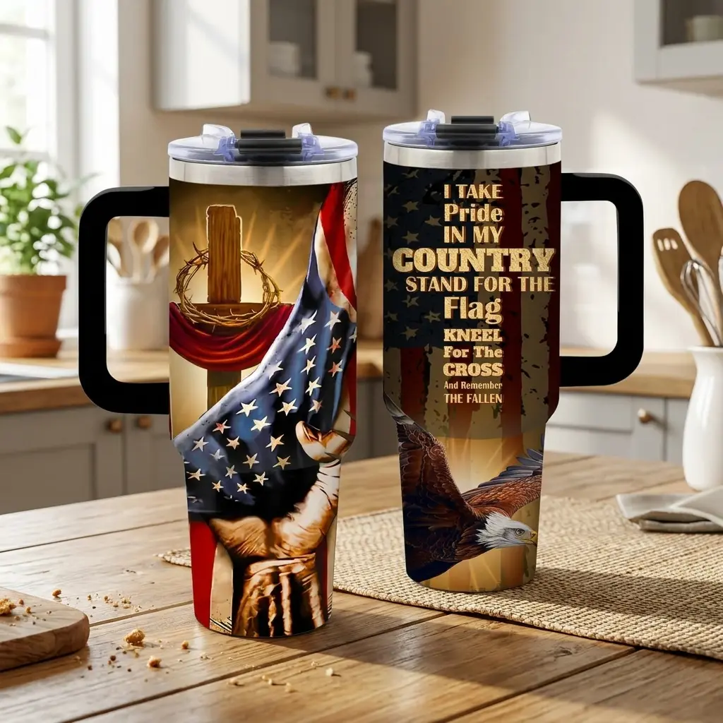 Patriotic Christian Tumbler 40oz 30oz, Stand For The Flag Kneel For The Cross Travel Mug, American Eagle USA Flag Cup, Memorial Day Veteran Gift, Faith Based Insulated Coffee Tumbler With Handle No Straw Included Bottle Drinkware Water Bottles