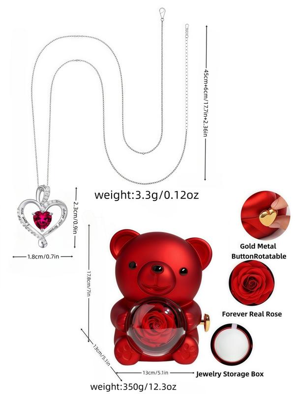 Bear Design Heart Shaped Pendant Necklace with Rose Gift Box, Fashion Jewelry for Party, Daily Clothing Decor, Trendy All-match & Exquisite Jewelry for Birthday Gift, Love Heart Necklace