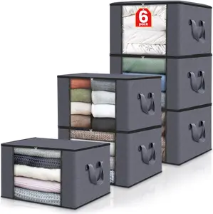 90 L Large Storage Bags, 6 Pack Clothes Storage Bins Foldable Closet Organizers Storage Containers with Reinforced Handle for Clothing, Blanket, Comforters, Bed Sheets, Pillows and Toys (Gray)