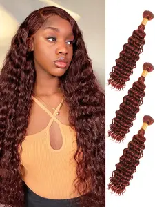 #33B Reddish Brown Deep Wave 3 Bundles Human Hair, 100% Virgin 12A Brazilian Weaves Thick Track Auburn Red Curly Bundles Sew In Copper Red Colored Human Hair Extensions Sew In Remy 18 20 22 Inch