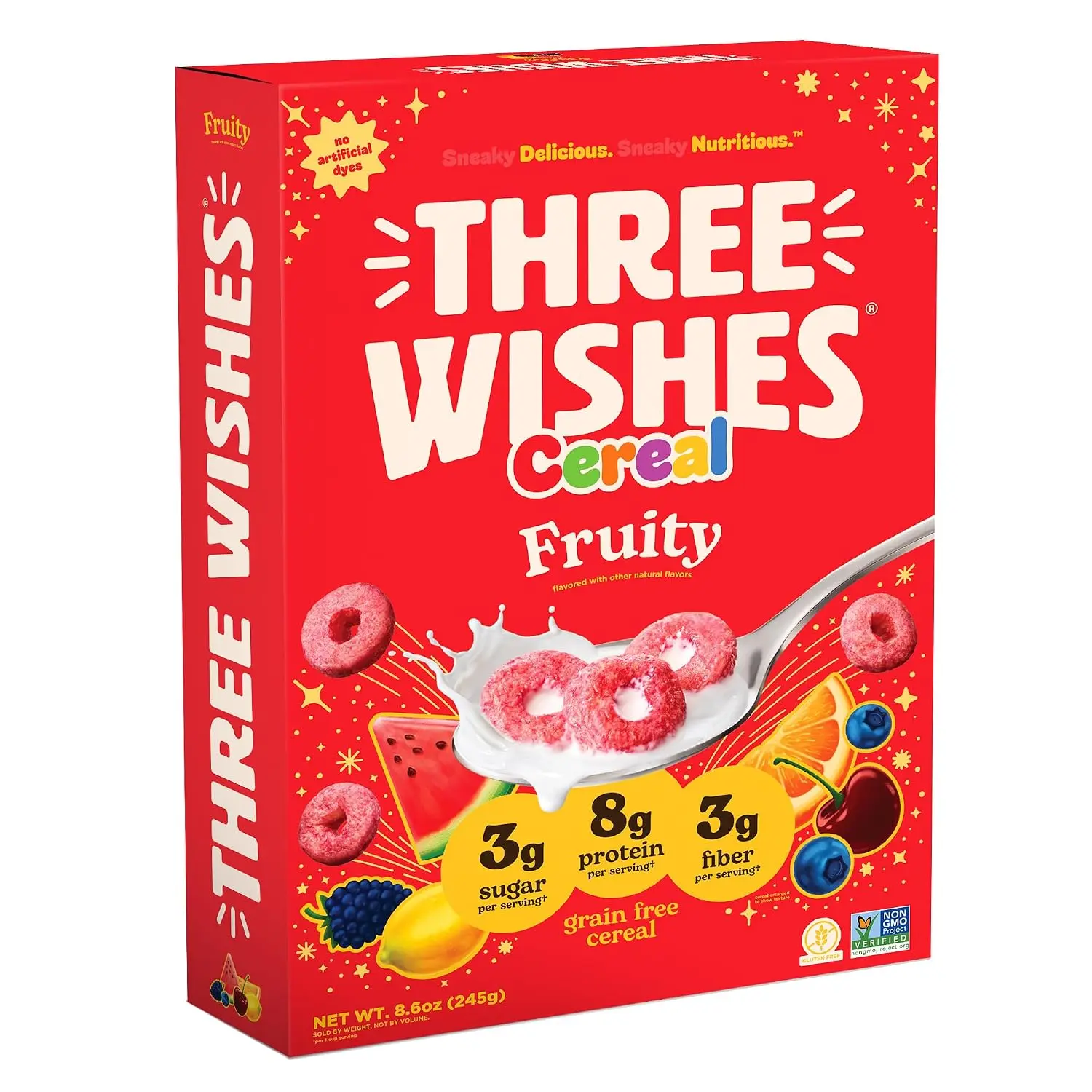 3 Wishes Fruity Grain-Free Breakfast Cereal, High Protein, Gluten-Free, Plant-Based, Vegan, Low Sugar, Non-GMO, 8.6 oz