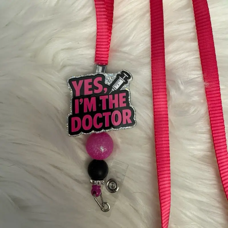 Yes I'm the Doctor Badge Reel Lanyard with Pink Bead and Silver Screw Charm for Medical Professionals