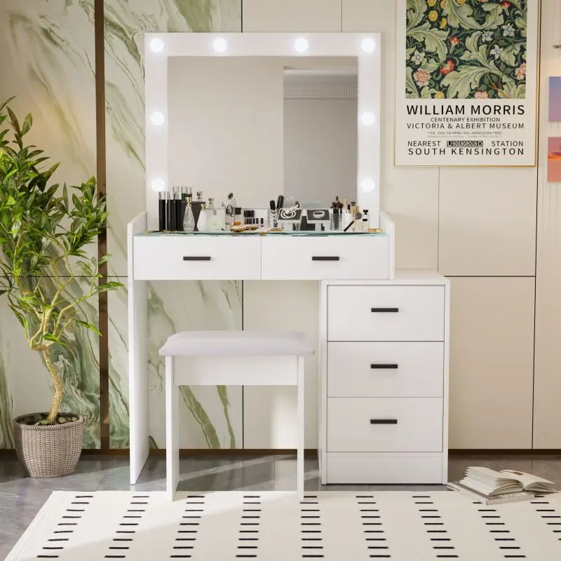 Modern White Adjustable Vanity Dressing Table - Indoor Furniture with 5 Drawers (2 Lockable), LED Lighting, Sliding Mirror, Soft Stool, Cosmetic Storage, Privacy Cabinet