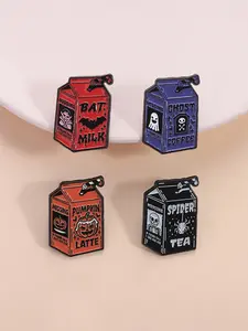 Halloween Spooky Drink Badges Set, Pumpkin Latte/ghost Milk Tea/bat Coffee/spider Sweet Tea Enamel Pins, Horror Party Decorations