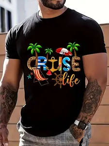 Cruise Life Summer Beach Theme Graphic T T Shirt for Men Vacation Travel Paradise Palm Tree Anchor Umbrella Design Casual Wear Breathable Sweat Wicking and Soft Suitable for Daily Commutes Lounging at Home and Casual Wear.2026 New Year's Party Street
