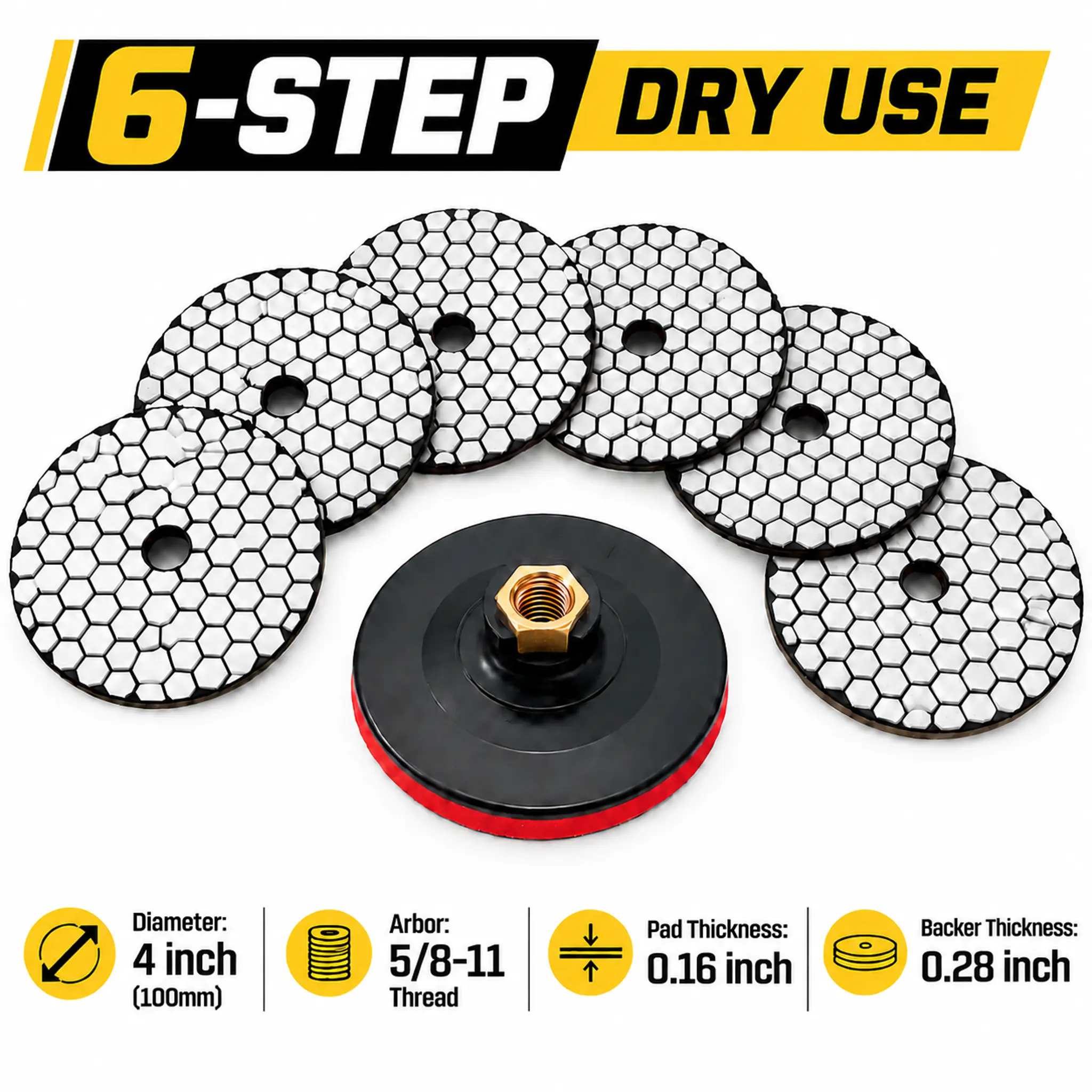 HUANG CHANG 4 in Dry Diamond Polishing Pads 6-Pad Set with 5/8"-11 Thread Thin Foam Backer - Heat Dissip, No Water Needed, No Chipping for Granite, Marble Edge Grinding