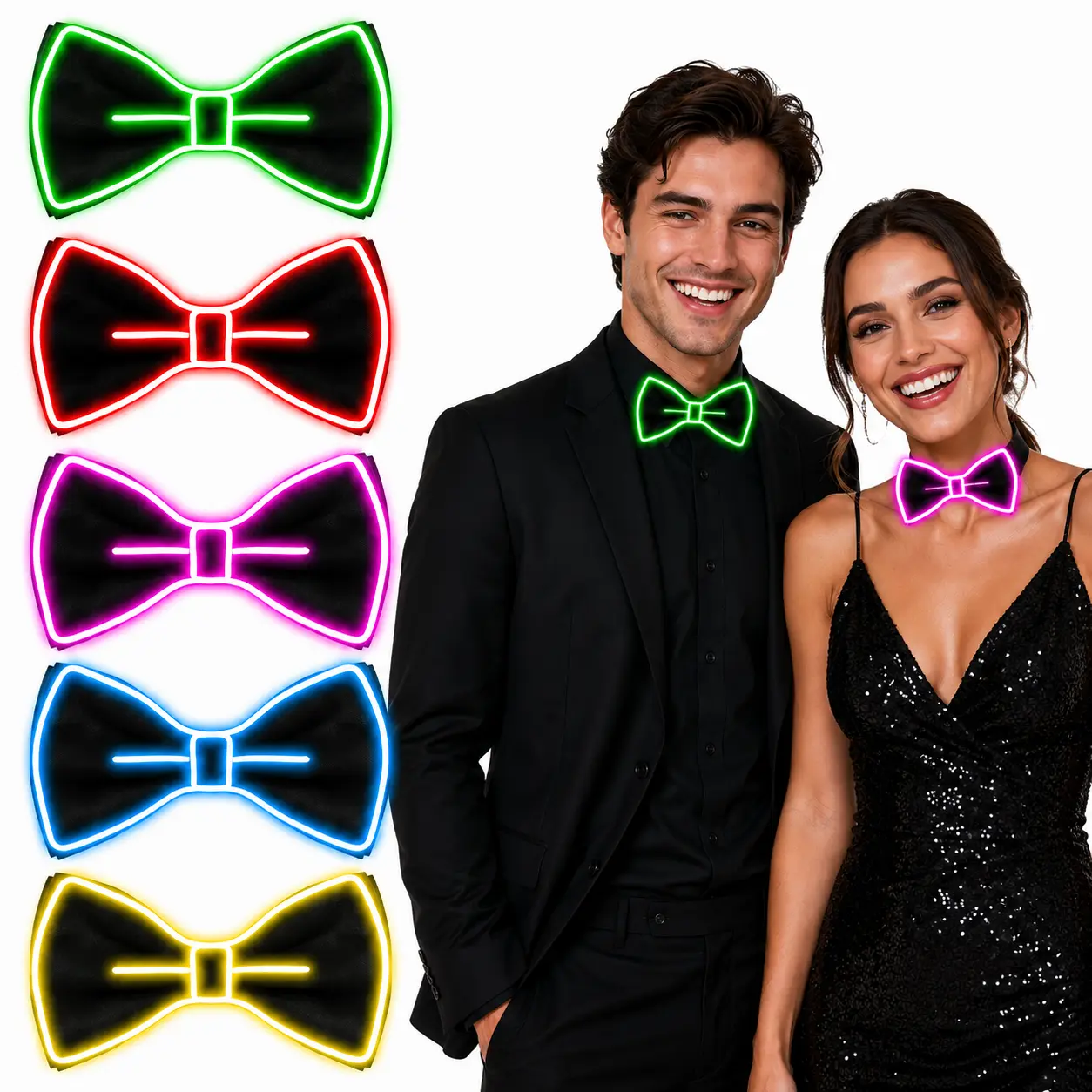 1/2Pcs LED Light Up Bow Tie Glow in the Dark Neon Bowtie 3 Flash Modes for Mardi Gras Halloween Rave Wedding Christmas Party Adult Men Women
