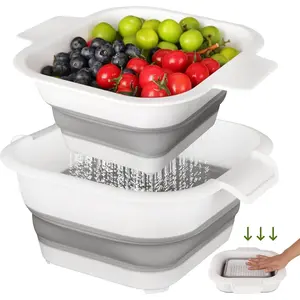 Collapsible Colander Set with Strainer Bowl, 2 in 1 Fruit Washing Basket with Strainer, 5 + 3 QT Plastic Colander for Kitchen, Foldable Double Layered Colander Bowl for Berry, Vegetable, Grey & White