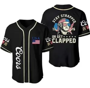 Stay Strapped Or Get Clapped 1776 George Washington Black Baseball Jersey, Patriotic USA Flag Beer Shirt, Funny Meme Drinking Outfit, Mens Summer Button Down Casual Streetwear Top