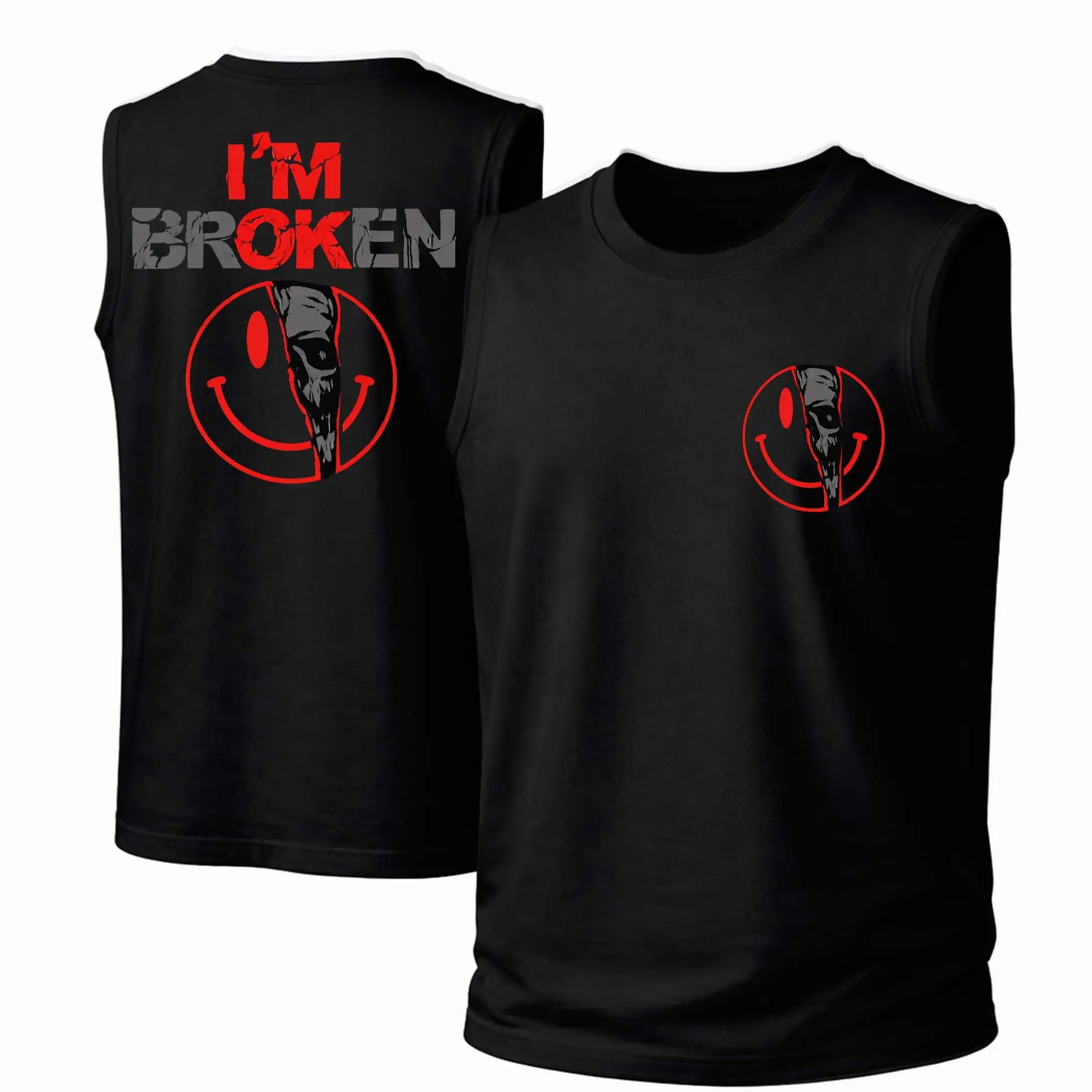 Men's Retro Graphic Tank Top with "I'M Broken" Print, Soft Breathable 100% Cotton Fabric Garment,back to school,back to school shopping