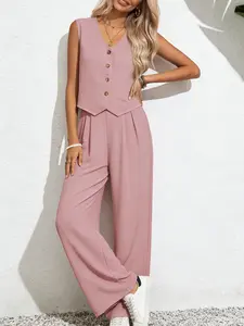 Two piece set of women's Instagram style minimalist and high-end casual suit, Womenswear, V-neck sleeveless vest, high waisted wide leg pants, commuting and slimming. Suitable for summer, vacation, outdoor wear
