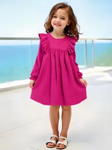 Toddler Girls' Long Sleeve Ruffle Dress, Buttoned Dress, Plain Dress, Spring Wave Button Neckline, Suitable for 2-5 Years, Casual Fashion, Valentine's Day Gift, Party Wear