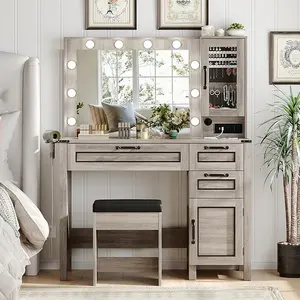 Vabches Vanity Desk with Mirror and Lights, Glass Top Makeup Vanity Table with Jewelry Organizer, Charging Station & Stool, Dresser Vanity Set with 3 Drawers, 2 Cabinets, 3 Lighting Modes