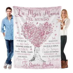 La Mejor Mamá Del Mundo Flannel Blanket Mom Blanket Mothers Day Blanket Soft Cozy Spanish Language Gift Throw With Heartfelt Love Messages Pink Butterfly Tree Design Perfect for Gifting to Your Mom