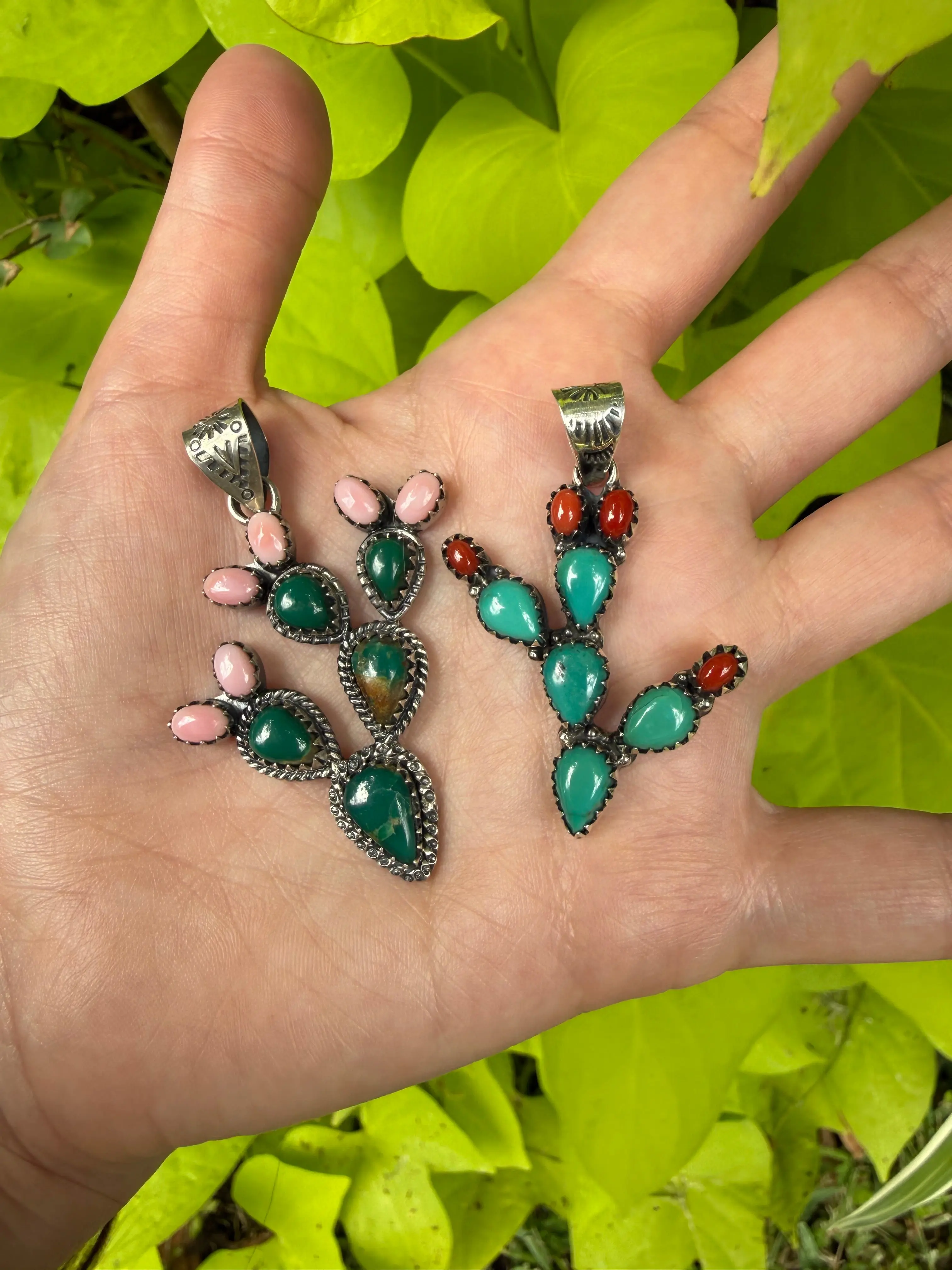 Kingman Turquoise and Pink Conch or Coral Cactus Cluster Sterling Silver Pendant