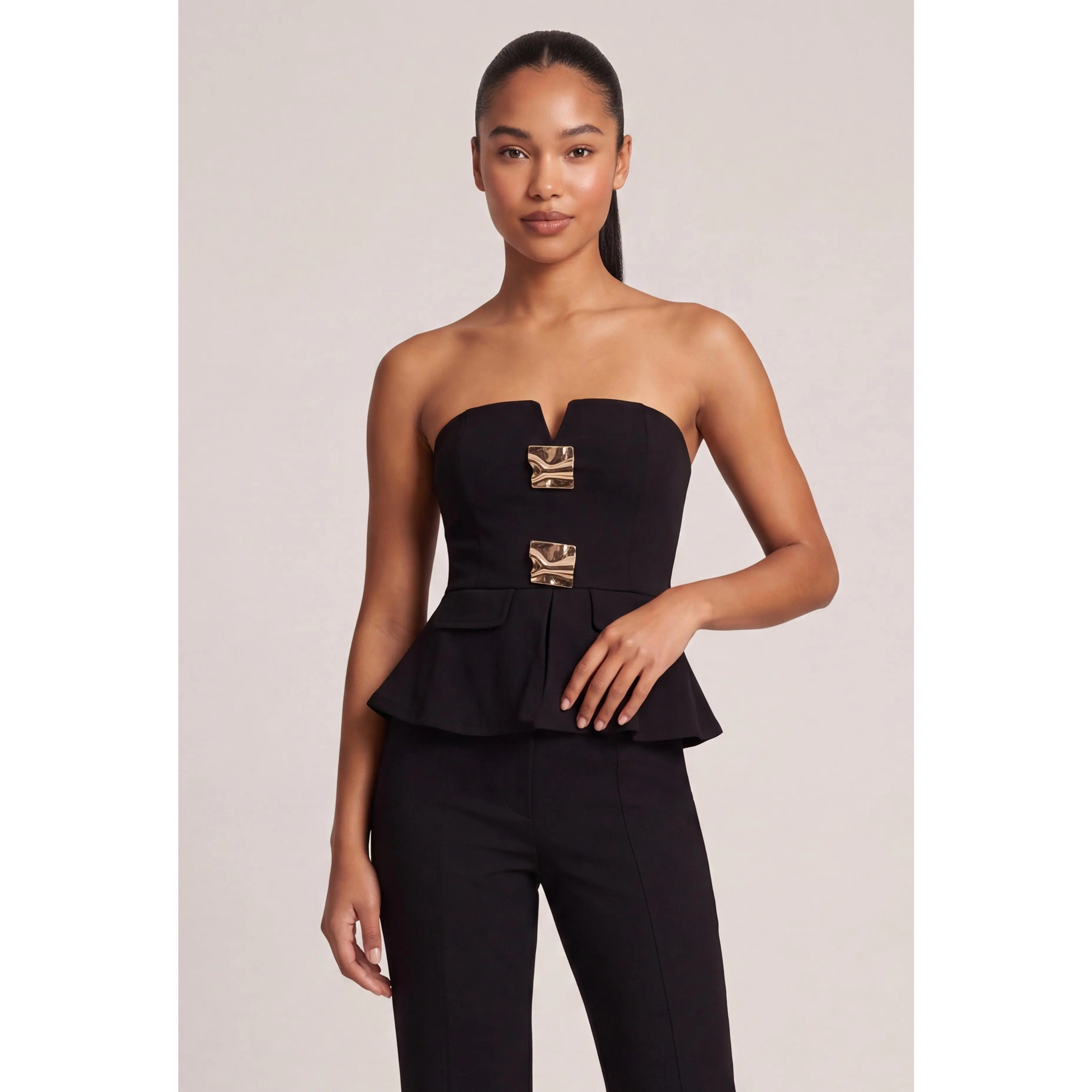 Metallic Detail Strapless Peplum Top
