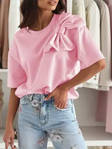 Summer Fashion Solid Color Bow Patch Round Neck Half Sleeve T-Shirt, Loose Casual Style, Comfortable Fit, Perfect for Daily Wear, Top Everyday Women