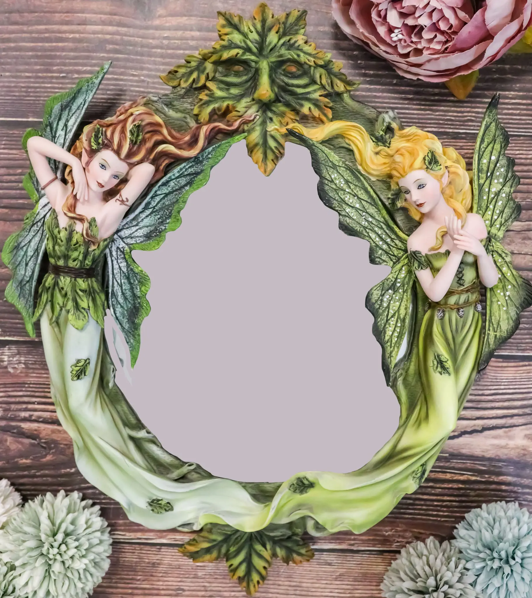 Enchanted Forest Wall Mirror Decor with Blonde, Brunette Fairies and Greenman, Hanging Design for Anchor Drywall, 14.25" High, 2.25" Deep, Adds Magic to Home Interiors, Fairies Forest