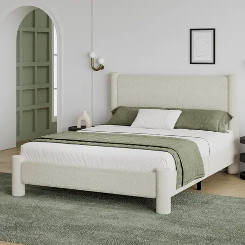 HOMBCK Soft Boucle Upholstered Queen Size Modern Platform Bed Frame with Rounded Corners Headboard, Stable Divan Bed, No Mattress/Box Spring Needed, Assembly Required, Supports 600lbs, Space-Saving Apartment Furniture #SohoChic#Homemakeover