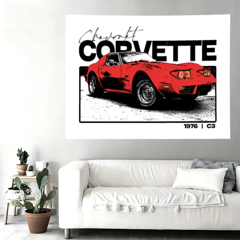 Vintage Red 1976 C3 Corvette Muscle Car Wall Flag, Retro American Sports Car Tapestry, Black Flash Style Garage Man Cave Decor