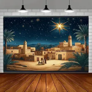 1-Pack Bethlehem Star Nativity Scene Photography Backdrop - Serene Night Sky with Palm Trees & Starry Sky Design, Durable Multi-Use Studio Background for Christmas, Family Gatherings, Outdoor Celebrations, Christmas Decorations Outdoor Nativity