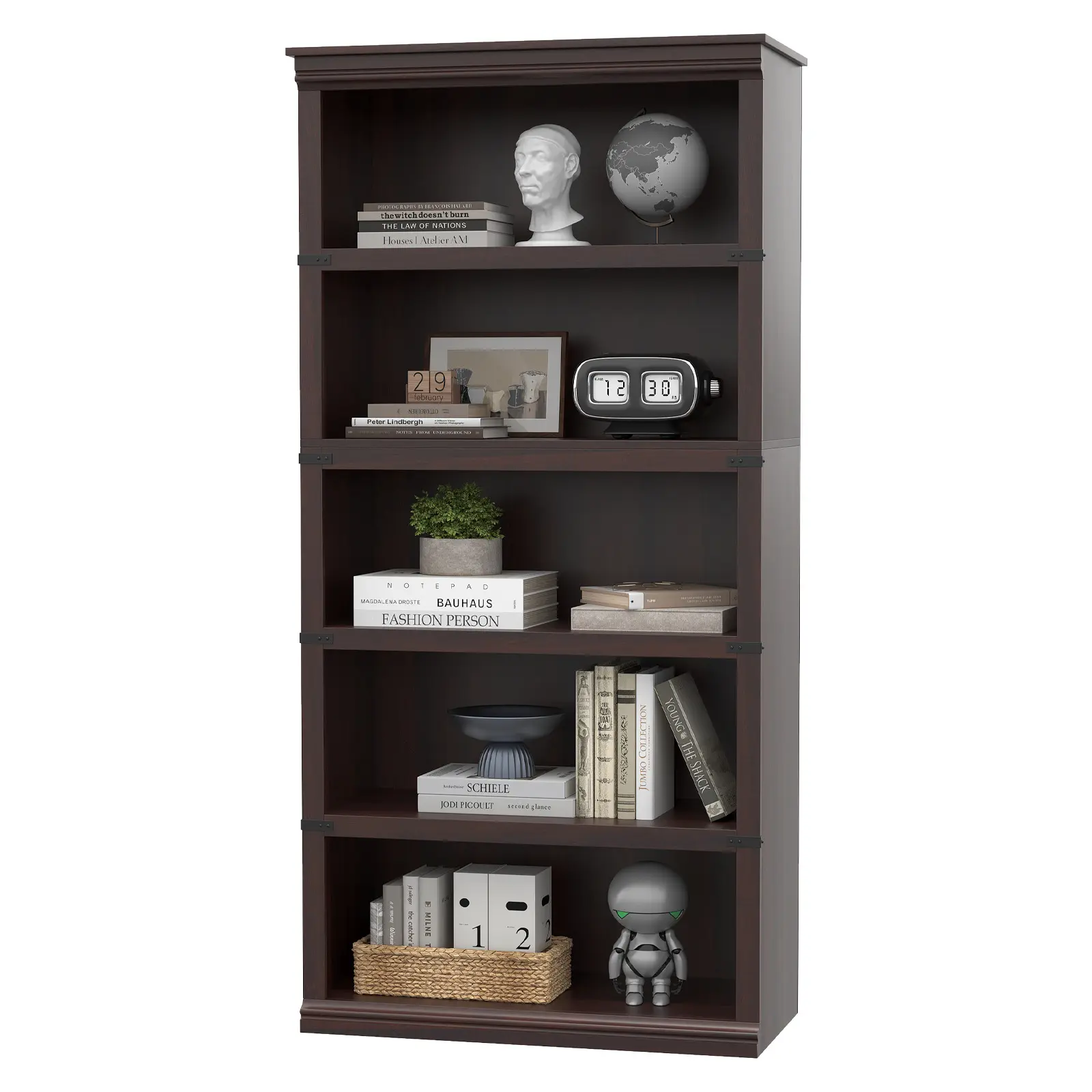 5-Tier Wooden Office Bookcase - Tall Rustic Farmhouse Bookshelf with Open Display Shelves - Sturdy Storage Organizer for Home, Living Room, Bedroom - 31.5" Wide, 67.4" High - Grey/Vintage/Cherry