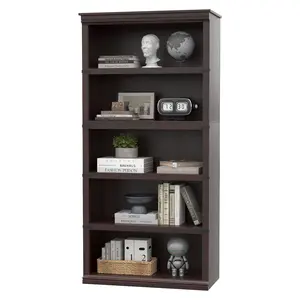 5-Tier Wooden Office Bookcase - Tall Rustic Farmhouse Bookshelf with Open Display Shelves - Sturdy Storage Organizer for Home, Living Room, Bedroom - 31.5" Wide, 67.4" High - Grey/Vintage/Cherry