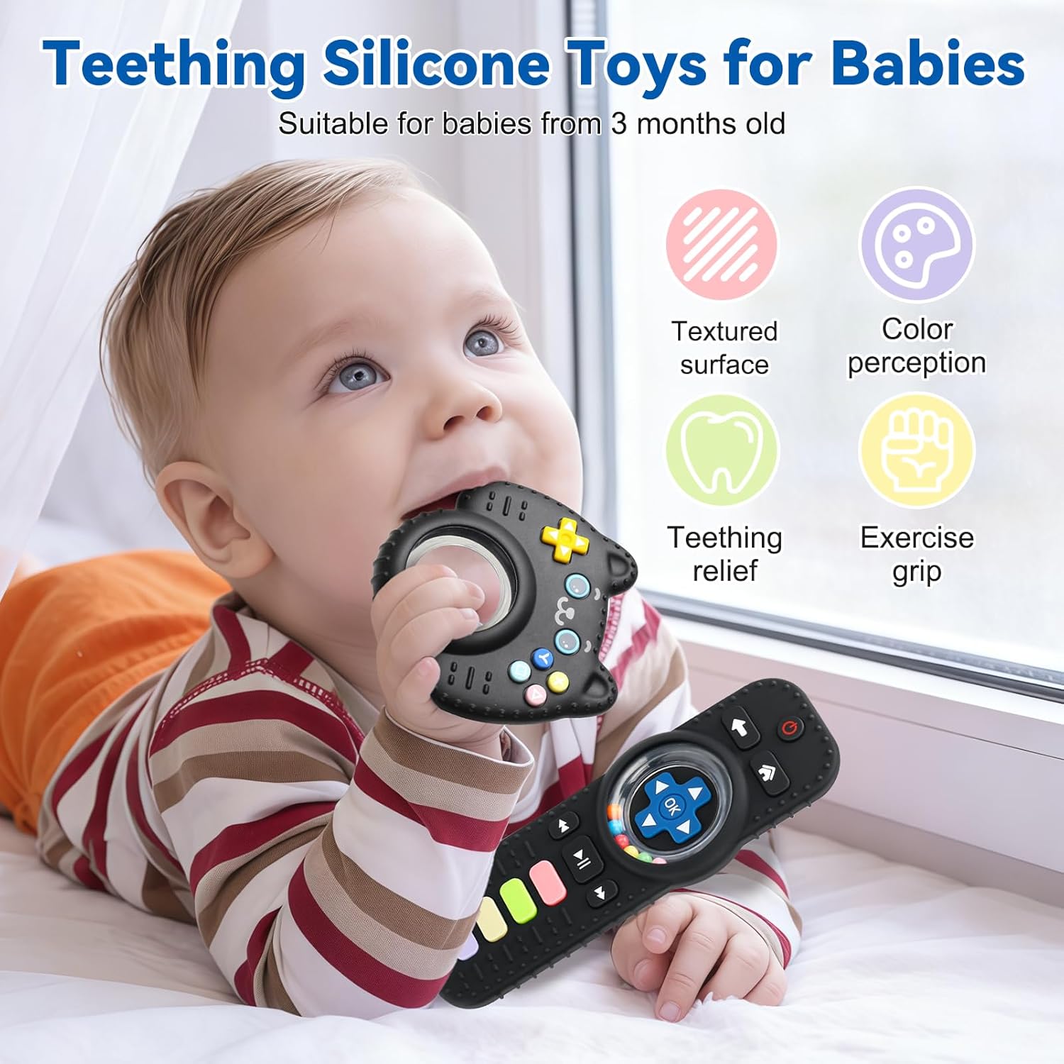 2 Pack Baby Teething Toys for Babies 3-6 Months, Silicone TV Remote Teether for Infants 6-12 12-24 Months, Sensory Chew Toys for Boys & Girls, BPA Free Teething Relief