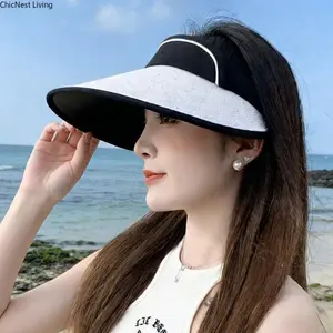 New Rhinestone Stylish Open Top Hat for Women, Outdoor Beach Hat, Wide Brim Sun Hat, Sun Protection Hat