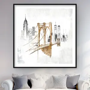 212 MAIN Gold-Framed Matted Print Wall Artwork, 48x48 in. Artistic Soft-Focus Brooklyn Bridge Urban Landmark Sketch Photo, Home Decor Decoration for Rooms, Artistic Style Prints, Artwork Prints