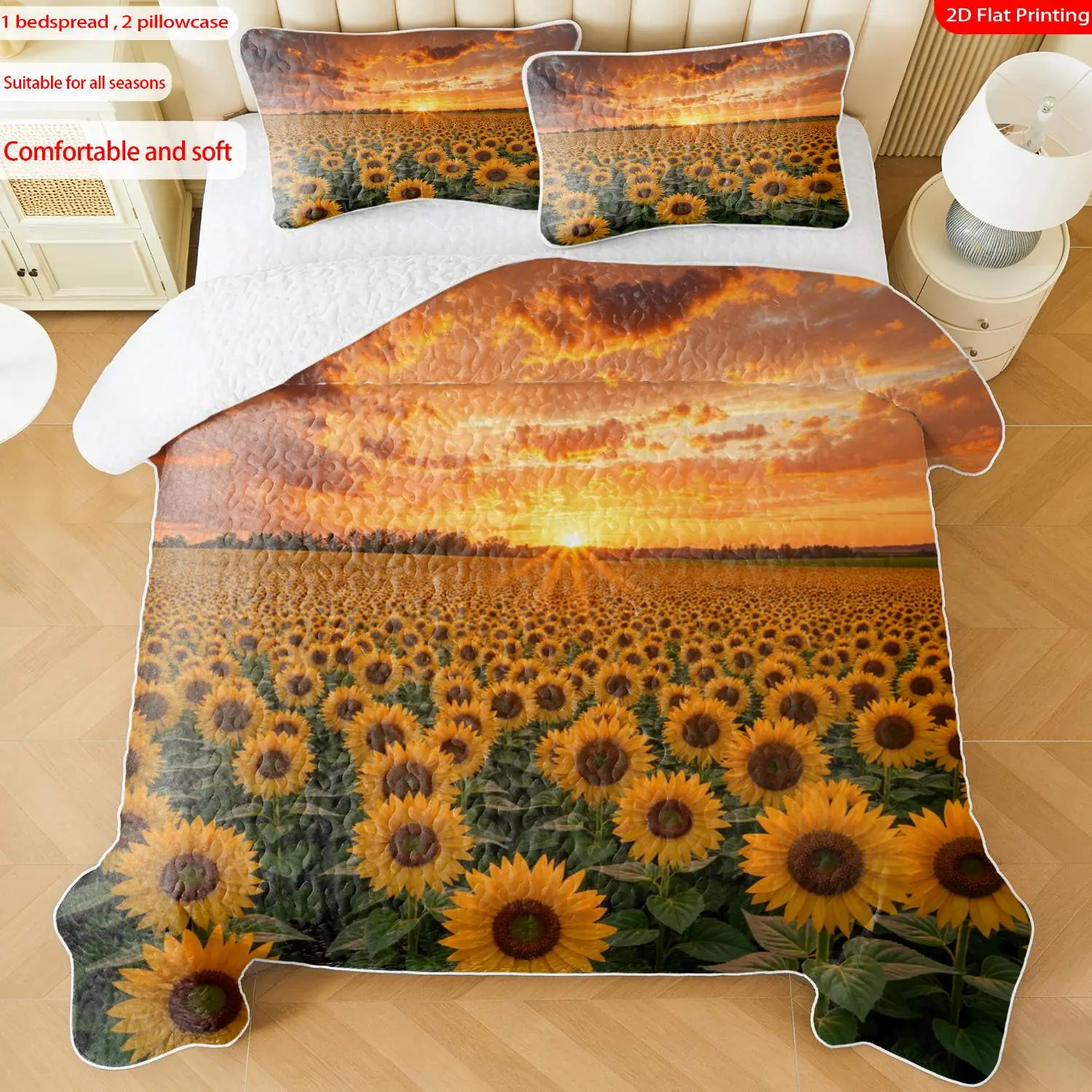 3 pcs, 2D Flat Print Sunflower Field Sunset Bedspread Set, Soft and Comfortable, Multiple Sizes Available, Suitable for Gifting and Daily Use, Ideal for Creating a Cozy Home Atmosphere(1 bedspread , 2 pillowcases)