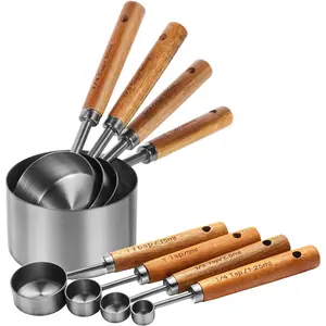 Silver 8-Piece Stainless Steel Measuring Cups and Spoons Set - Wooden Handles, Metric & US Standard Sizes, Nesting Stackable, Durable, Rust-Proof, Measurement Lines for Baking, Cooking (Kitchen Utensils), Silver 8-Piece Measuring Cups And Spoons
