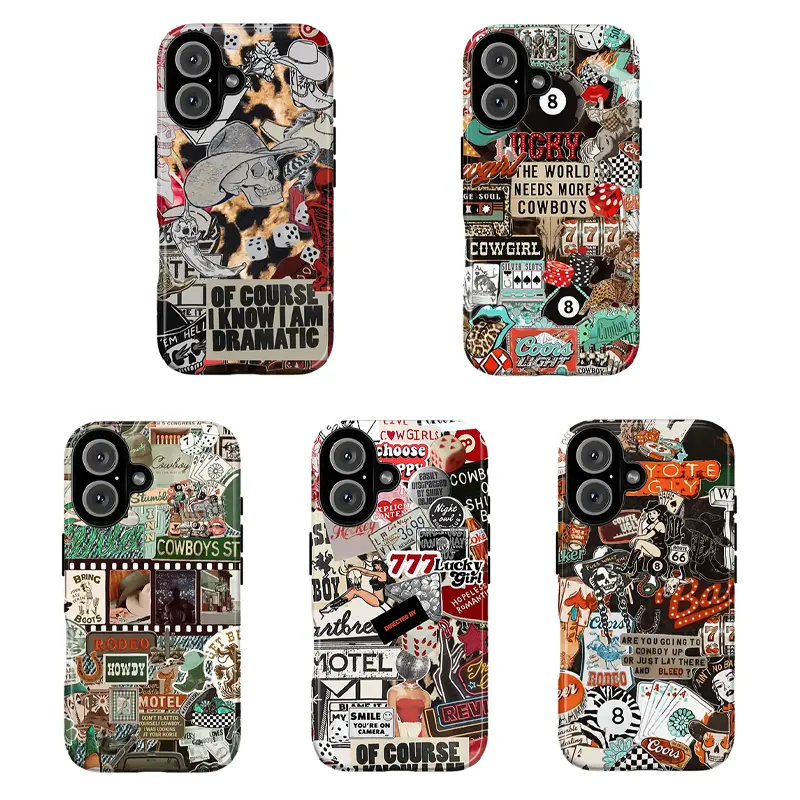 Western Cowboy Collage Phone Case, Vintage Rodeo & 8-Ball Aesthetic Protective Cover for iPhone 16 15 14 13 12 11 17Pro Max,for Samsung S25 S24 S23 S22 Ultra,Gifts For Fans, Phone Accessories