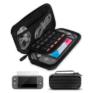 h-57  Carrying Case for Switch Lite with Glass Screen Protector, Portable Hard Shell Travel Case Storage Bag for Switch Lite Console and Accessories holds 10 Game Cartridges - Black