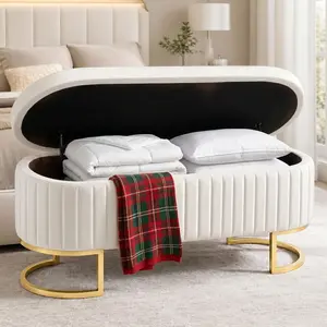 50.5" Velvet Storage Bench for Bedroom, Queen Size End of Bed Bench with Gold Legs, Modern Glam Channeled Ottoman Bench Seats for Entryway, Living Room, Window Seat, Beige