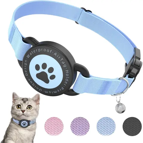 AirTag Cat Collar with Holder - Blue Ultra-Elastic Solid Waterproof Adjustable Collars, 8-12.5in Fit Lightweight GPS Accessory for Cats