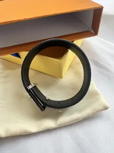 Unisex Designer Leather Bracelet | Vintage Monogram Cuff | Adjustable 21cm Wristband for Men & Women | Comes with Gift Dust Bag | Classic Aesthetic Jewelry (Brown/Black/White)