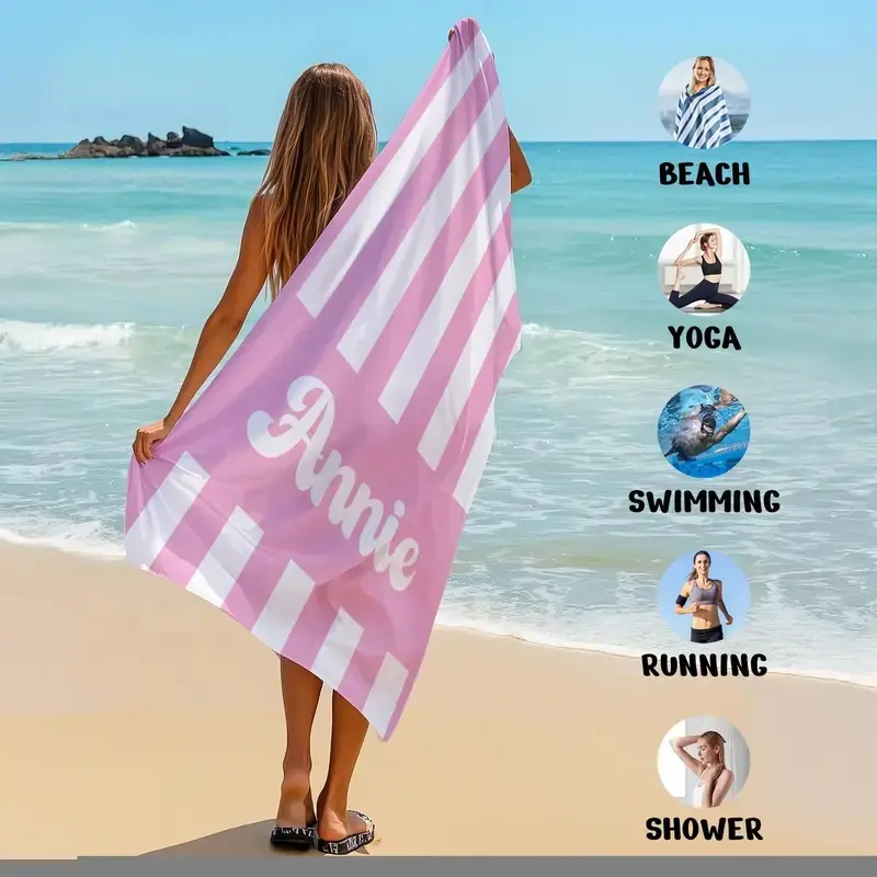 Personalized Striped Beach Towel Custom Name Logo Microfiber Thin Quick Dry Absorbent for Beach Swimming Yoga Bath Sports Travel Gift Home Decor Storage Organizer