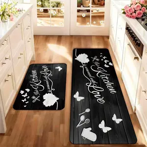 2-Piece Background Kitchen Mat Set, Vintage Wooden Floor Mats, Soft Non-Slip Kitchen Mats for Home Decoration, Vintage Runner Rug
