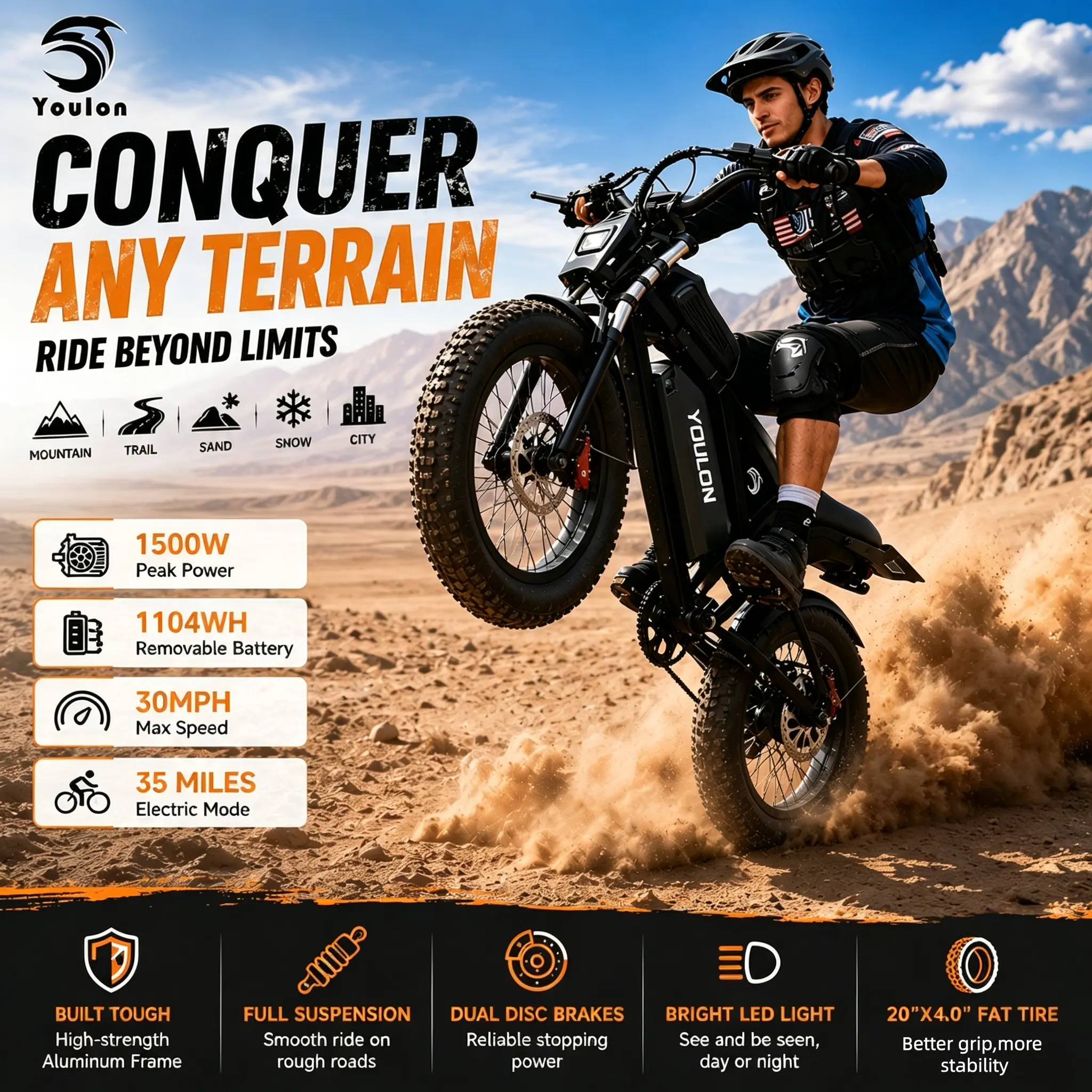 YOULON 1500W Peak  Electric Bike for Adults, 30MPH, 48V 23Ah Removable Battery, 20"x4" Fat Tire All-Terrain Ebike, 7-Speed Shimano, Dual Hydraulic Brakes, Full Suspension, 330LBS Load, IPX6 Waterproof Off-Road E-Bike